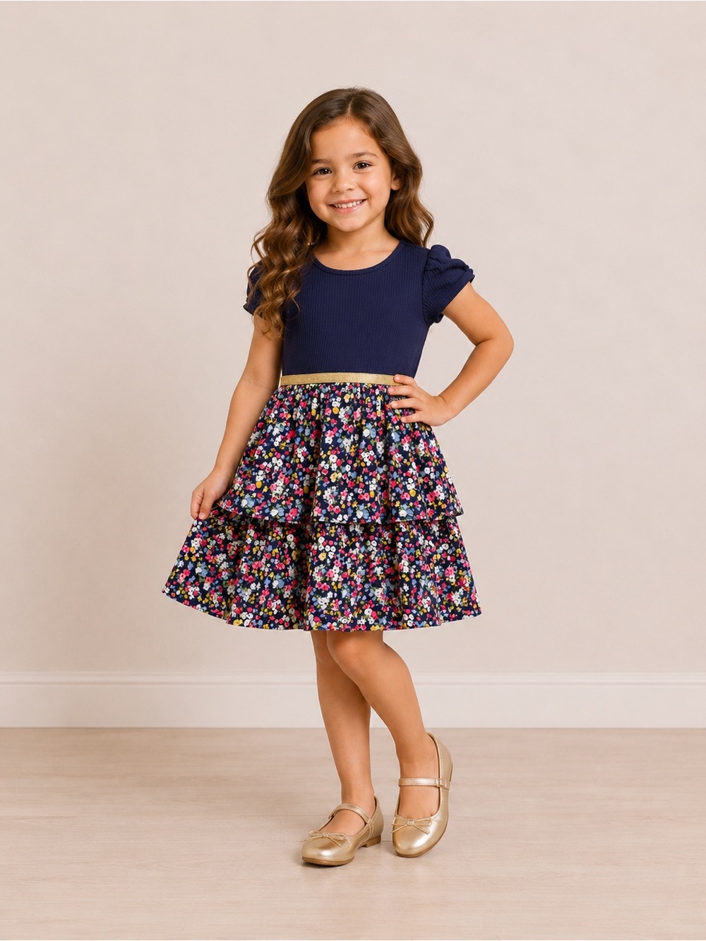 Janie & Jack Navy Floral Tiered Dress Gold Band Sz 4 Summer Vacation Cottagecore